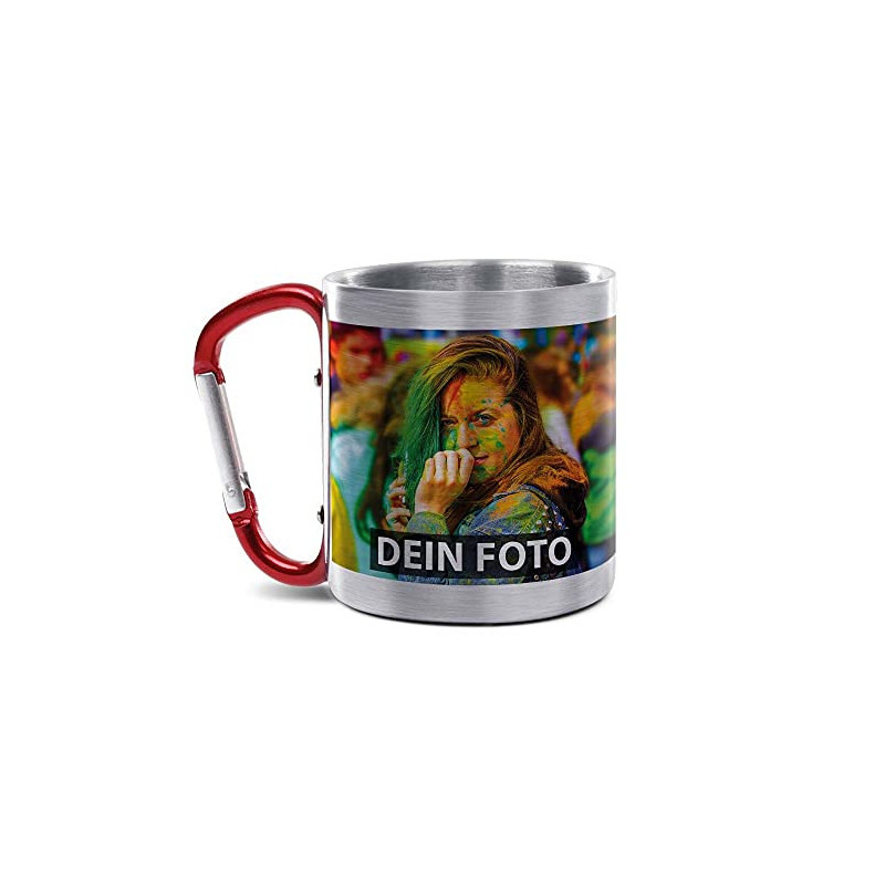 Tassendruck Karabiner Edelstahltasse - mit Foto und Name selbst gestalten - Geschenk für Camper, Campingtasse, Outdoortasse, 