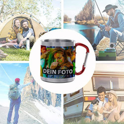 Tassendruck Karabiner Edelstahltasse - mit Foto und Name selbst gestalten - Geschenk für Camper, Campingtasse, Outdoortasse, 