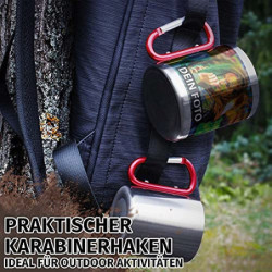 Tassendruck Karabiner Edelstahltasse - mit Foto und Name selbst gestalten - Geschenk für Camper, Campingtasse, Outdoortasse, 