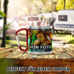 Tassendruck Karabiner Edelstahltasse - mit Foto und Name selbst gestalten - Geschenk für Camper, Campingtasse, Outdoortasse, 