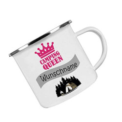 Crealuxe Emaille Tasse personalisiert Camping Queen, Becher mit Name und Spruch, Camping Tasse, Geschenk zum Camping