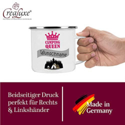 Crealuxe Emaille Tasse personalisiert Camping Queen, Becher mit Name und Spruch, Camping Tasse, Geschenk zum Camping