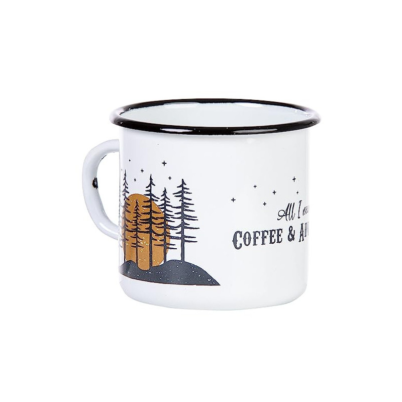 MUGSY I Emaille Tasse Coffee & Adventure mit Outdoor Motiv, weiß, Camping Tasse mit Spruch, bruchfest & leicht I 330ml MUGSY I Emaille Tasse Coffee & Adventure mit Outdoor Motiv, weiß, Camping Tasse mit Spruch, bruchfest & leicht I 330ml