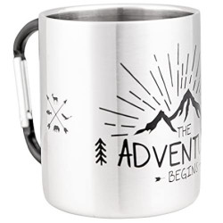 MUGSY I Edelstahltasse The Adventure Begins, Karabinerhaken Henkel, Bruchfest, Camping Tasse, Silber, 280 ml