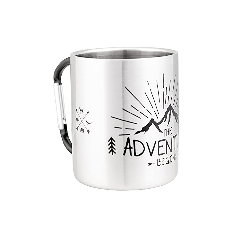 MUGSY I Edelstahltasse The Adventure Begins, Karabinerhaken Henkel, Bruchfest, Camping Tasse, Silber, 280 ml MUGSY I Edelstahltasse The Adventure Begins, Karabinerhaken Henkel, Bruchfest, Camping Tasse, Silber, 280 ml