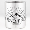 MUGSY I Edelstahltasse The Adventure Begins, Karabinerhaken Henkel, Bruchfest, Camping Tasse, Silber, 280 ml