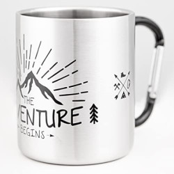 MUGSY I Edelstahltasse The Adventure Begins, Karabinerhaken Henkel, Bruchfest, Camping Tasse, Silber, 280 ml