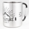 MUGSY I Edelstahltasse The Adventure Begins, Karabinerhaken Henkel, Bruchfest, Camping Tasse, Silber, 280 ml