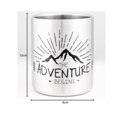 MUGSY I Edelstahltasse The Adventure Begins, Karabinerhaken Henkel, Bruchfest, Camping Tasse, Silber, 280 ml
