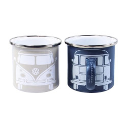 BRISA VW Collection - Volkswagen 2er Set Emaille Kaffee-Tee-Cappuccino-Tasse-Becher-Haferl Mug für Camping & Outdoor T1 Bus  
