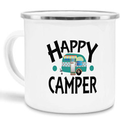 Tassendruck Emaille Tasse Camping lustig - Geschenk zum Camping/Tasse für coole Camper/Geschenk-Idee Campingfreunde - Happy C