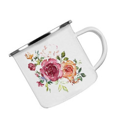 Crealuxe Emaille Tasse Vintage Nostalgie Floral 5" - Kaffeetasse mit Motiv, Campingtasse, bedruckte Emailletasse mit Wunschte
