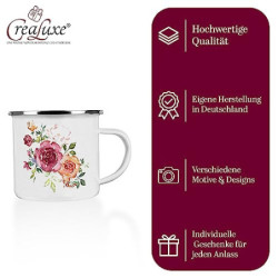 Crealuxe Emaille Tasse Vintage Nostalgie Floral 5" - Kaffeetasse mit Motiv, Campingtasse, bedruckte Emailletasse mit Wunschte
