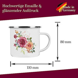 Crealuxe Emaille Tasse Vintage Nostalgie Floral 5" - Kaffeetasse mit Motiv, Campingtasse, bedruckte Emailletasse mit Wunschte