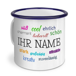 printplanet® Emaille-Tasse mit Namen personalisiert - Motiv Positive Eigenschaften - Nostalgie-Becher, Camping-Tasse, Blechta