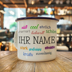 printplanet® Emaille-Tasse mit Namen personalisiert - Motiv Positive Eigenschaften - Nostalgie-Becher, Camping-Tasse, Blechta