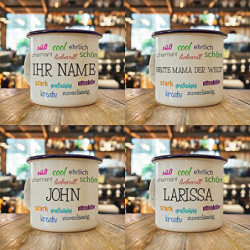 printplanet® Emaille-Tasse mit Namen personalisiert - Motiv Positive Eigenschaften - Nostalgie-Becher, Camping-Tasse, Blechta