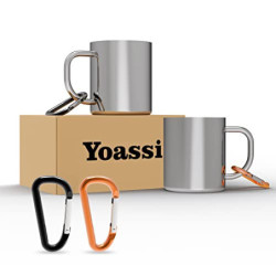 Yoassi Camping Becher Edelstahl, 2er Set Thermotasse mit Karabiner, doppelwandige Isolierbecher, Kaffeebecher Kaffeetasse Tri