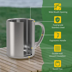 Yoassi Camping Becher Edelstahl, 2er Set Thermotasse mit Karabiner, doppelwandige Isolierbecher, Kaffeebecher Kaffeetasse Tri