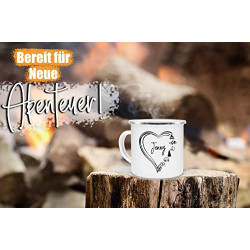 Tassendruck Emaille Tasse Camping PERSONALISIERT mit Wunschname - Geschenk Campingurlaub/Persönliche Campingtasse mit Herz - 