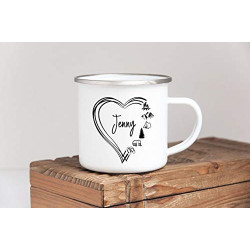 Tassendruck Emaille Tasse Camping PERSONALISIERT mit Wunschname - Geschenk Campingurlaub/Persönliche Campingtasse mit Herz - 