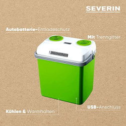 SEVERIN Elektrische Kühlbox  25 L  mit Kühl- und Warmhaltefunktion, Auto Kühlbox mit 3 Anschlüssen  USB, Netzteil & Zigarette