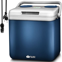 tillvex Kühlbox elektrisch 32L | Mini-Kühlschrank 230 V und 12 V für KFZ Auto Camping | kühlt & wärmt | ECO-Modus  Blau 