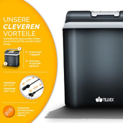 tillvex Kühlbox elektrisch 24L | Mini-Kühlschrank 230 V und 12 V für KFZ Auto Camping | kühlt & wärmt | ECO-Modus  Grau 