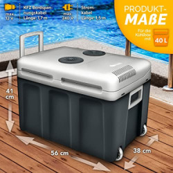 tillvex Kühlbox elektrisch 40L mit Rollen | Mini-Kühlschrank 230 V und 12 V für KFZ Auto Camping | kühlt & wärmt | ECO-Modus 