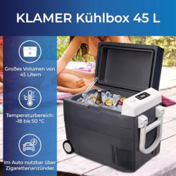 KLAMER Kühlbox XXL, elektrische Kühlbox 45 L mit Kompressor, Kühl- und Warmhaltefunktion, 2 Anschlüsse: 230V & 12V für Zigare