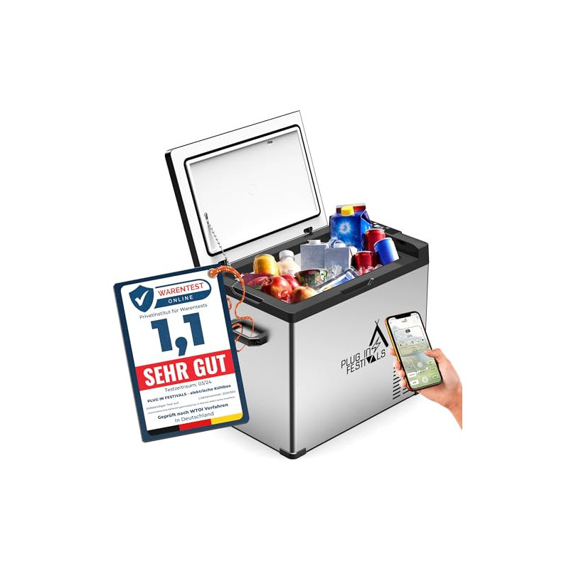 PLUG IN FESTIVALS - elektrische Kühlbox - Kompressor Gefrierbox bis -20 Grad - Kühlbox Auto - Camping Kühlschrank - Powerstat