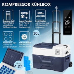 KESSER® Kompressor Kühlbox elektrisch Gefrierbox, 30 Liter Mit APP-Steuerung USB-Anschluss 12/24 V 230V, +Teleskopstange, 2x 