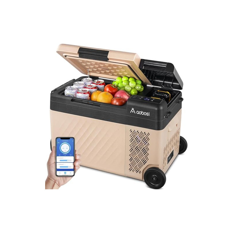 AAOBOSI 24L Kompressor Kühlbox, Kühlbox Auto mit APP-Steuerung, 12/24V und 100-240V, USB-Handy-Ladefunktion, LED-Beleuchtung,