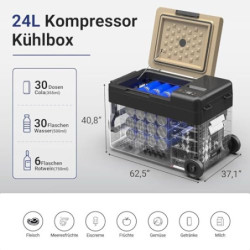 AAOBOSI 24L Kompressor Kühlbox, Kühlbox Auto mit APP-Steuerung, 12/24V und 100-240V, USB-Handy-Ladefunktion, LED-Beleuchtung,