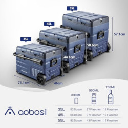 AAOBOSI Kompressor Kühlbox 45L,Auto Kühlbox Mit USB-Anschluss,Zwei Zonen und Doppeltüren,Elektrische Kühlbox bis -20 °C für A