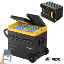 BougeRV CRD Kompressor Kühlbox mit Akku, 55L Kühlbox Auto Doppeltür Doppelzone 12V 24V 230V mit Tragbare Powerstation 173Wh  