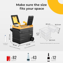BougeRV CRD Kompressor Kühlbox mit Akku, 55L Kühlbox Auto Doppeltür Doppelzone 12V 24V 230V mit Tragbare Powerstation 173Wh  