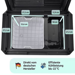 Prime Tech Kompressor-Kühlbox Eco-Line 25/30 Liter, bis -22 Grad, 12/24/230 V für Steckdose, Auto, LKW, PKW, Boot, Reisemobil