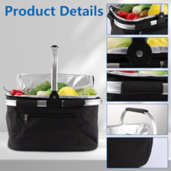 VIDETOL Einkaufskorb Faltbar, 33L Kühltasche Picknickkorb Gross, Schwarze Kühlkorb mit Deckel und Aluminiumgriff für Einkaufe