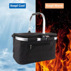 VIDETOL Einkaufskorb Faltbar, 33L Kühltasche Picknickkorb Gross, Schwarze Kühlkorb mit Deckel und Aluminiumgriff für Einkaufe