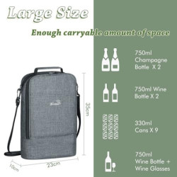 Kato Tirrinia Insulated Kühltasche - 2 Flaschentasche Träger für Wein & Bier, Wein Becher Glas Kühler Träger mit isoliert,Gri