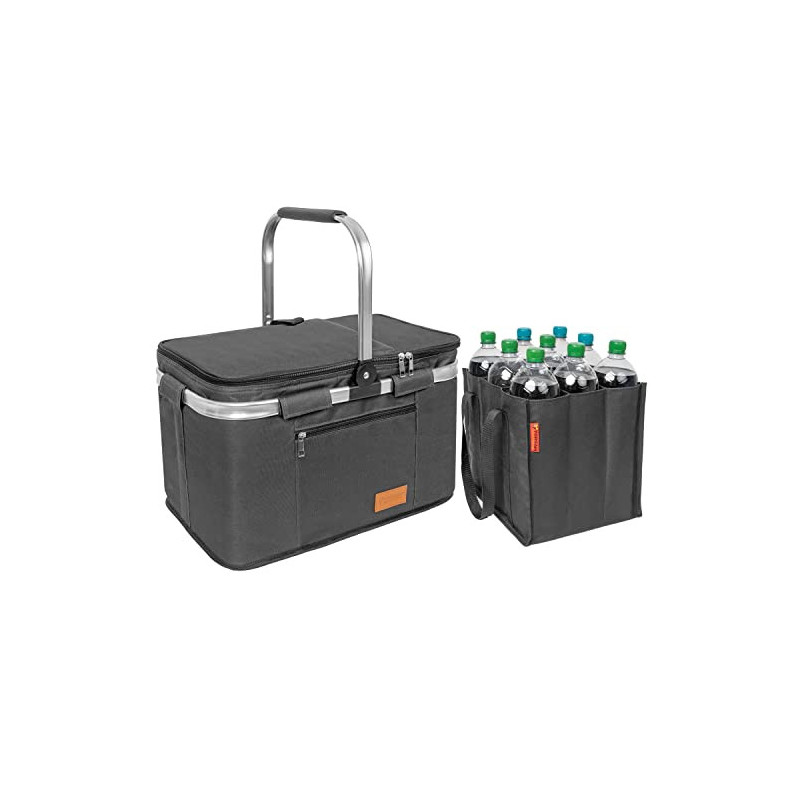 Einkaufskorb faltbar 35L + Flaschentasche 9 Fächer bis zu 1,5L Flaschen | Set Kühltasche groß isoliert & wasserdicht + Flasch