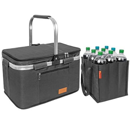 Einkaufskorb faltbar 35L + Flaschentasche 9 Fächer bis zu 1,5L Flaschen | Set Kühltasche groß isoliert & wasserdicht + Flasch