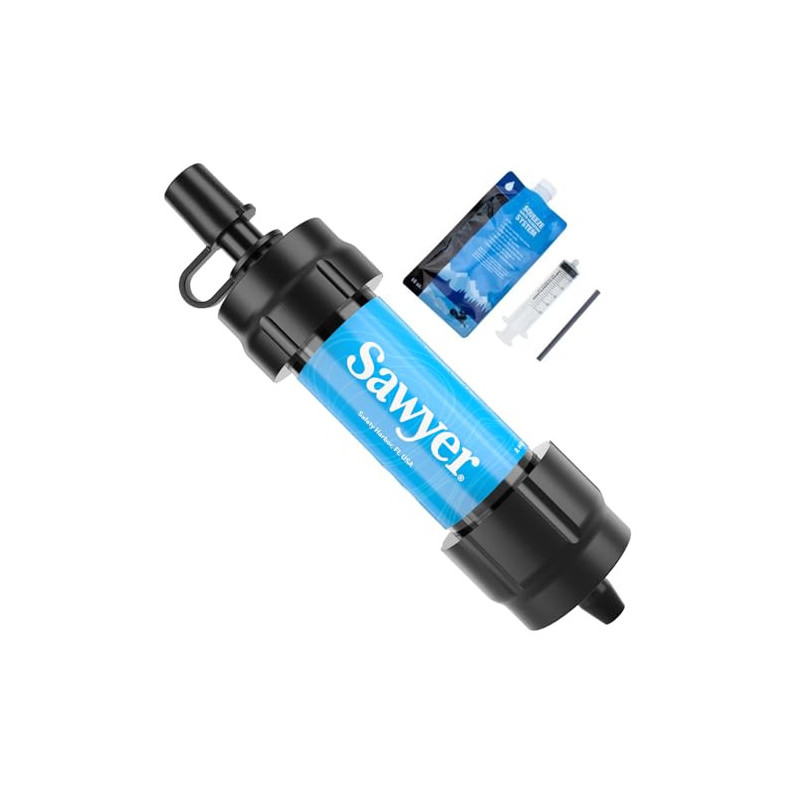 Sawyer Mini PointONE Wasserfilter Outdoor Notversorgung enfernt 100% Mikroplastik und 99,99999%* aller Bakterien  Blau 
