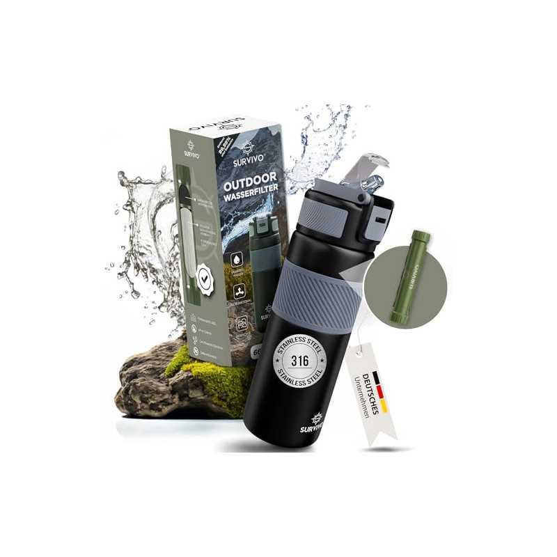 SURVIVO® Wasserfilter Outdoor Flasche [660ml] Trinkflasche aus Edelstahl mit entnehmbarem Filter, 4000l Filterkapazität, Camp