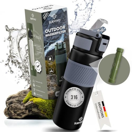 SURVIVO® Wasserfilter Outdoor Flasche [660ml] Trinkflasche aus Edelstahl mit entnehmbarem Filter, 4000l Filterkapazität, Camp