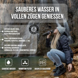 SURVIVO® Wasserfilter Outdoor Flasche [660ml] Trinkflasche aus Edelstahl mit entnehmbarem Filter, 4000l Filterkapazität, Camp