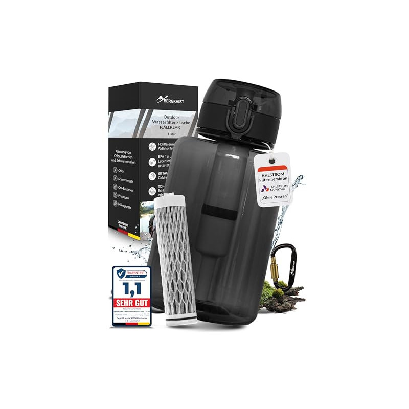 BERGKVIST® Outdoor Wasserfilter Flasche FJÄLLKLAR  1l  - 1 Liter Trinkflasche mit Filter von AHLSTROM® für sauberes Trinkwass