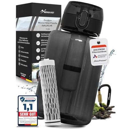 BERGKVIST® Outdoor Wasserfilter Flasche FJÄLLKLAR  1l  - 1 Liter Trinkflasche mit Filter von AHLSTROM® für sauberes Trinkwass