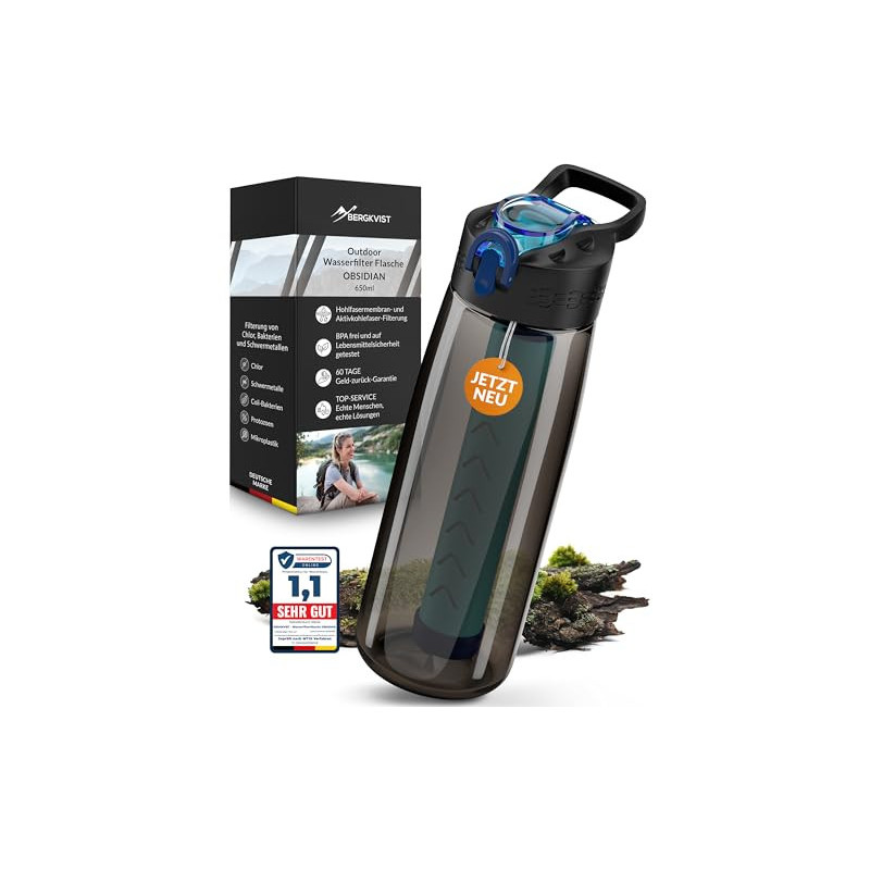 BERGKVIST® Outdoor Wasserfilter Flasche OBSIDIAN  650ml  mit Kompass - Trinkflasche mit Filter für sauberes Trinkwasser - Was